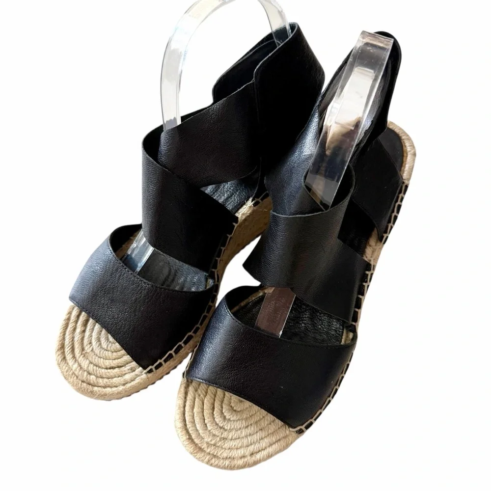 Eileen Fisher Willow Black Wedge Espadrille Platform Leather Sandals Size 8